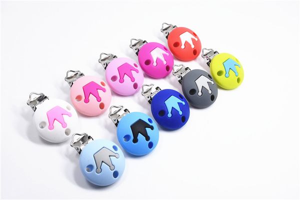 

10 pcs crown shape silicone baby pacifier round clip silicone bead pacifier chain for baby teething accessories soother chew toy, Blue;slivery