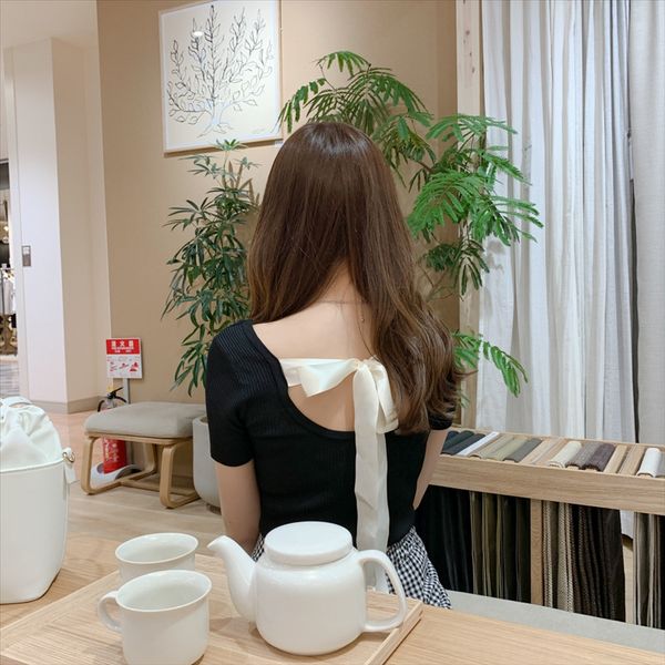

chic design sense niche bow base knitted female summer backless round collar short t- shirt sleeve slim t-shirt female, White
