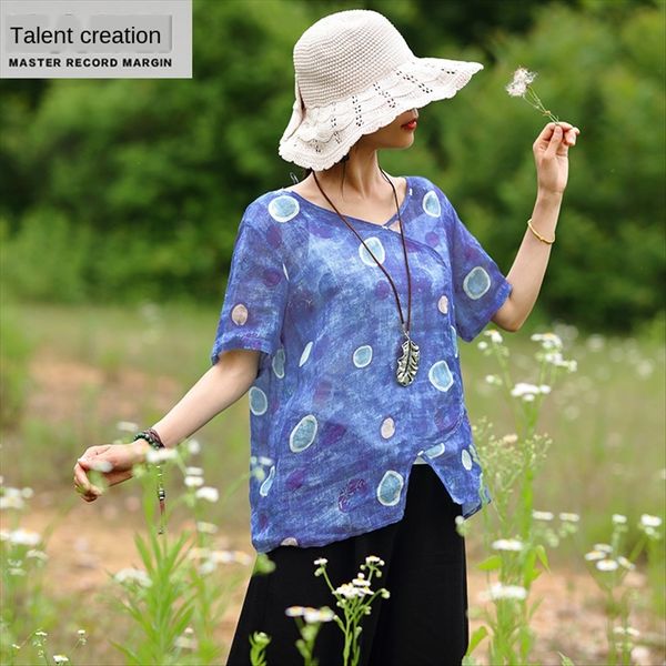 

talent creative literary t-shirt nationality ethnic group style women's linen ethnic style small loose midi 2020 printed t-shirt, White