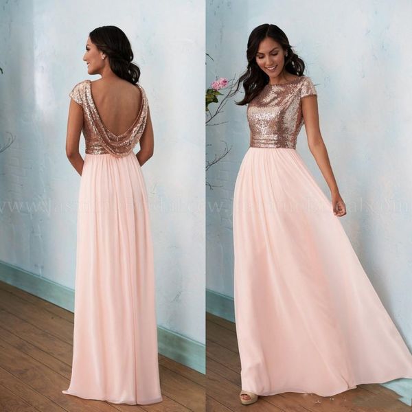 

rose gold sequined bridemaids dress 2019 prom dress boat neckline a line long cap sleeve sequin floor length poly chiffon bridesmaids dress