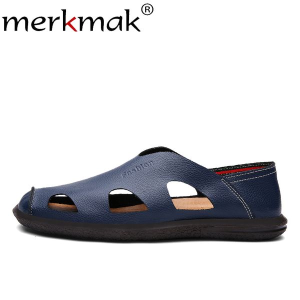 

merkmak summer hollow hole men's sandals spring solid genuine leather soft men footwear flat casual breathable slip on man shoes, Black