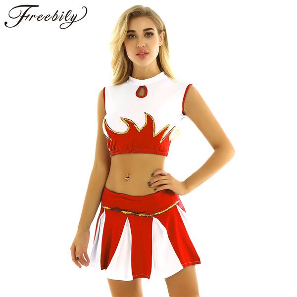

2pcs women girls cheerleading uniforms cosplay cheerleader costume outfit mock neck sleeveless crop pleated skirt + shorts