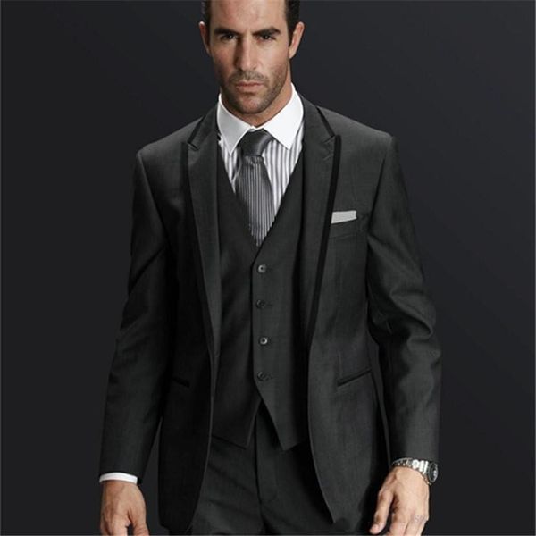 

charcoal grey groom tuxedos peak lapel one button men wedding dress popular men business prom party suit(jacket+pants+tie+vest) 2263, Black;gray