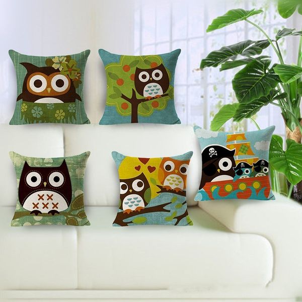 Carton Bird Owl Pillow Case Cotton Linen Decorative Throw Pillows