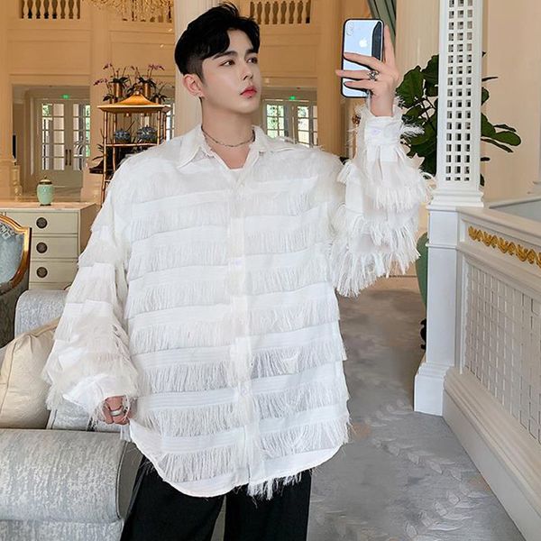 

men tassels fashion long sleeve loose casual black white shirt male womenhip hop party dress shirts lovers shirts, White;black