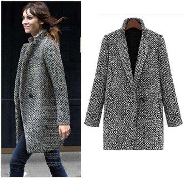 

plus size s-4xl woman plaid wool blend cape coat grey tweed long sleeve single button wool overcoat trench coat jacket abrigos, Black