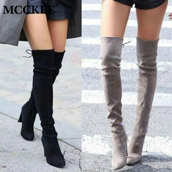 

Fashion Female Winter Thigh High Boots Faux Suede Leather Solid High Heels Women Over The Knee Shoes, Black