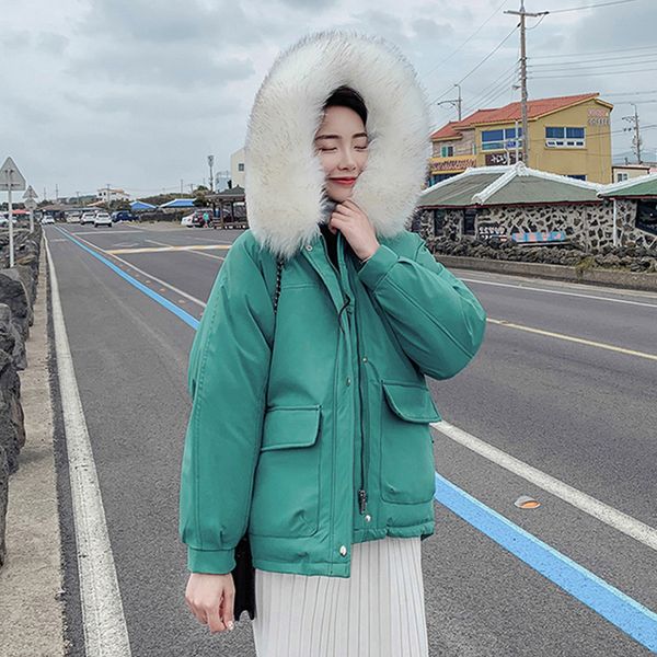 

fur hooded thicken warm winter down coats women solid pockets plus size cotton jackets korean female fashion elegant parkas new, Black
