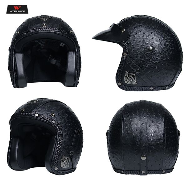 

wosawe мотоцикл шлем кожа pu 3/4 мотоцикл чоппер велосипед шлем open face vintage без goggle маска одобрено dot