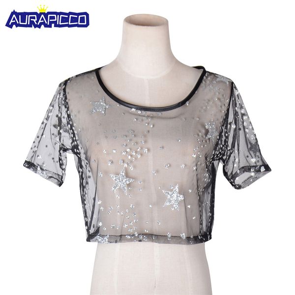 

women's sheer mesh see through crop glitter starstarlight clubwear tee t shirt blouse music festival outfits, Black;red