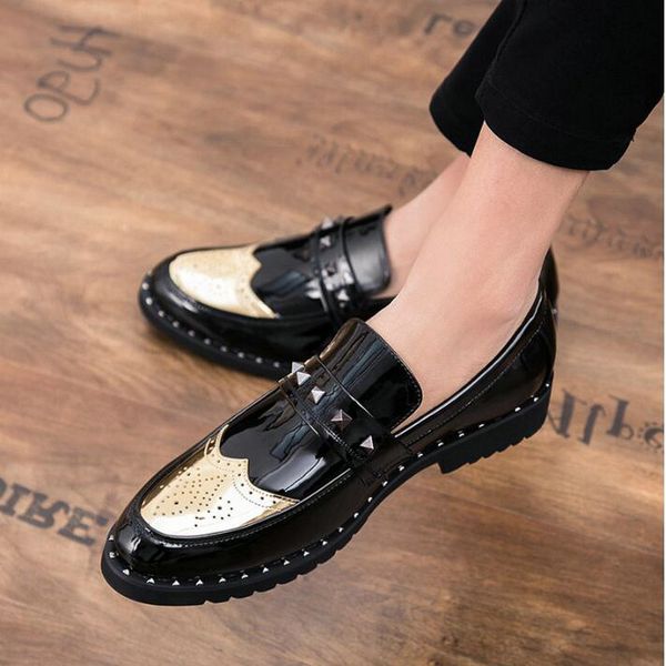 

super fashion men's patent leather party shoes wedding business dress gentleman nightclubs brogue rivet slip on shoes ra-36, Black