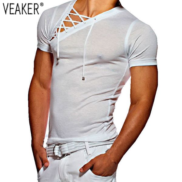 

new men's fitness gyms t shirt male bandage hollow out white short sleeve t shirt men v neck tshirt m-3xl, White;black