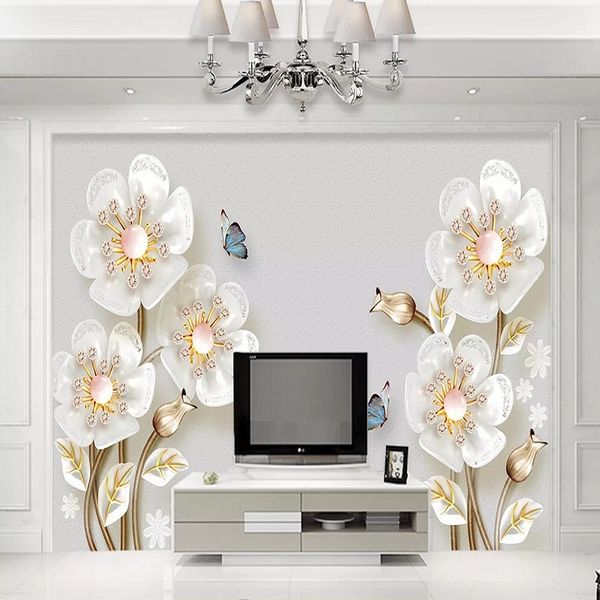 

custom large mural 3d wallpaper fashion modern luxury creative golden jewelry white flowers bedroom tv wall decor 5d embossed