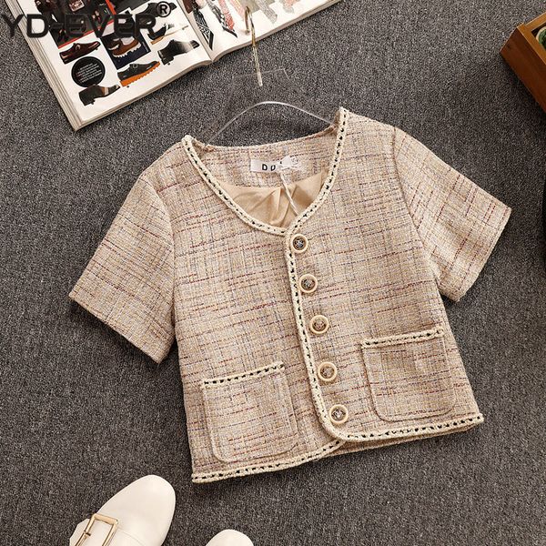 

harajuku single-breasted petal button weave tweed short jacket women summer short sleeve elegant pocket outerwear jackets top, Black;brown