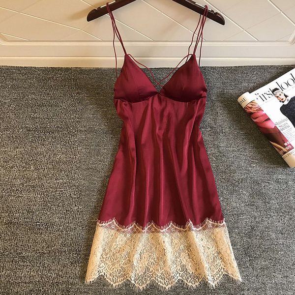 

summer satin sleepwear night dress women lace patchwork nightgown lingerie slips strap backless nightie sleep lounge, Black;red
