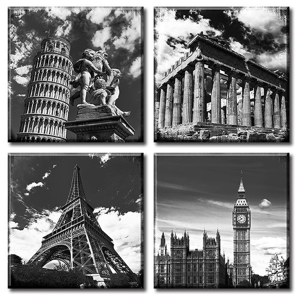

black and white wall art canvas european architecture famous leaning tower of pisa eiffel parthenon london elizabeth city big ben landscape