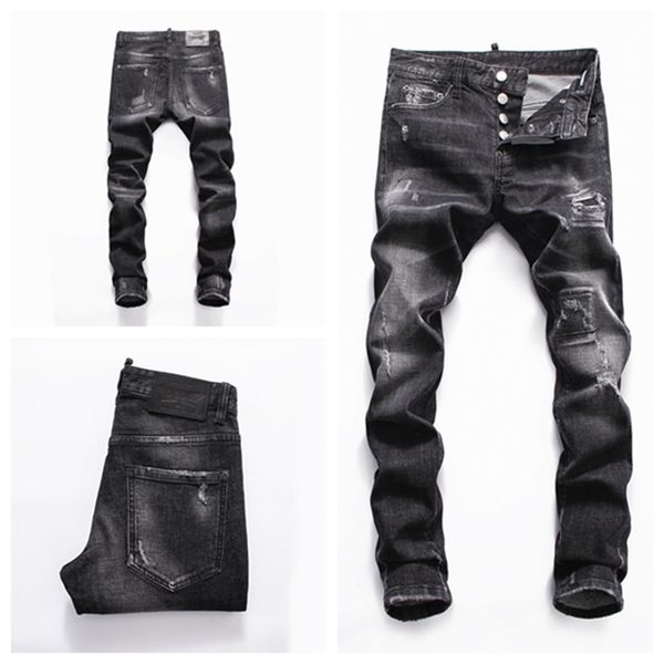 

2019 european standing men's jeans, men's jeans, a pair of skinny jeans and black embroidered skulls v-76, Blue