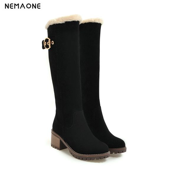 

nemaone women female winter shoes woman fur warm snow fashion square heels knee high black boots t200104