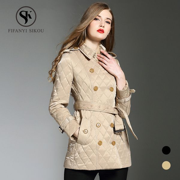 

england style short cotton coat winter jacket women fashion double breasted belt casual warm parkas ladies overcoat, Black