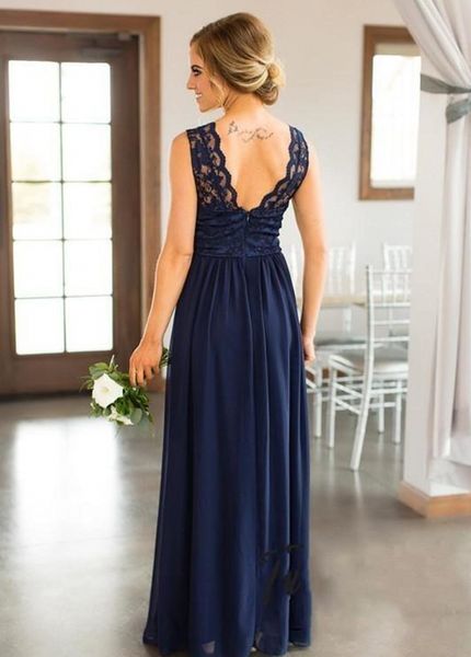 Abiti da damigella d'onore Paese per matrimoni Blu navy Gioiello Collo Applicazioni in pizzo Lunghezza pavimento Plus Size Abiti formali da damigella d'onore HY25282w