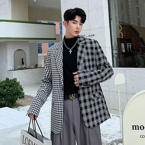 

men autumn half splice plaid loose casual suits jacket male vintage fashion streetwear hip hop suit blazer coat outerwear, White;black