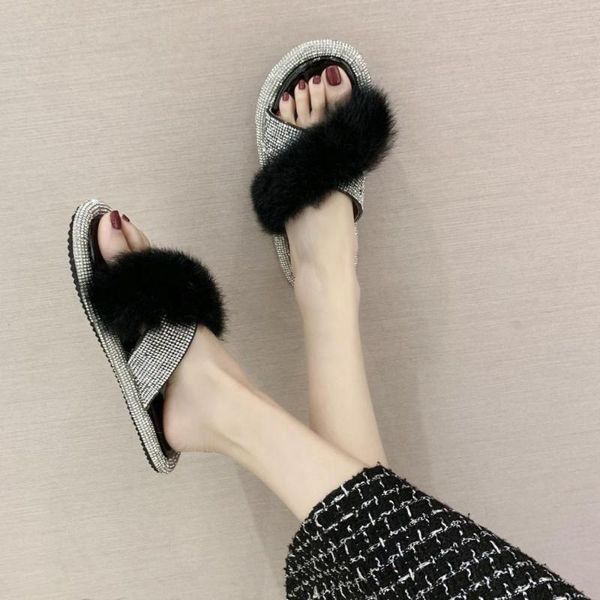 

slippers casual shoes woman 2020 fur flip flops lady flock slipers women glitter slides plush girl new jelly soft flat, Black