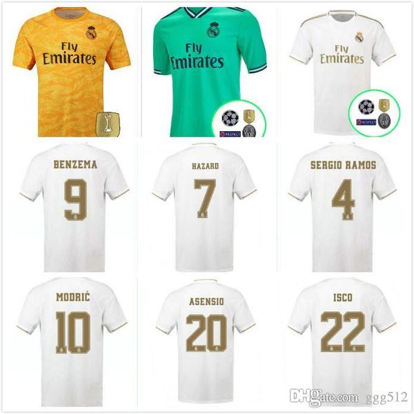 

2019 real madrid home soccer jersey 19 20 away blue soccer shirt 2020 modric asensio vinicius jr isco kroos hazard jovic football uniform, Black;yellow