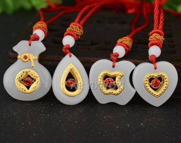 

beautiful natural white hetian jade + 18k solid gold zircon inlay hollow drooping heart lucky pendant necklace fine jewelry, Silver
