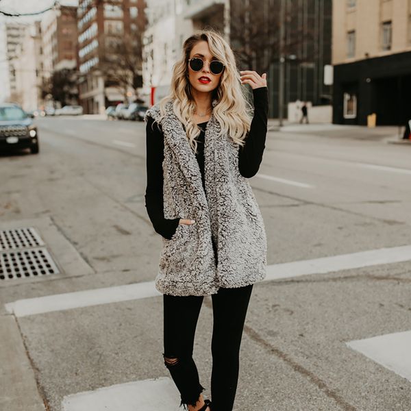 

2019 new fashion ladies solid color wild classic casual loose fur hooded mid-length vest j1215, Black;white
