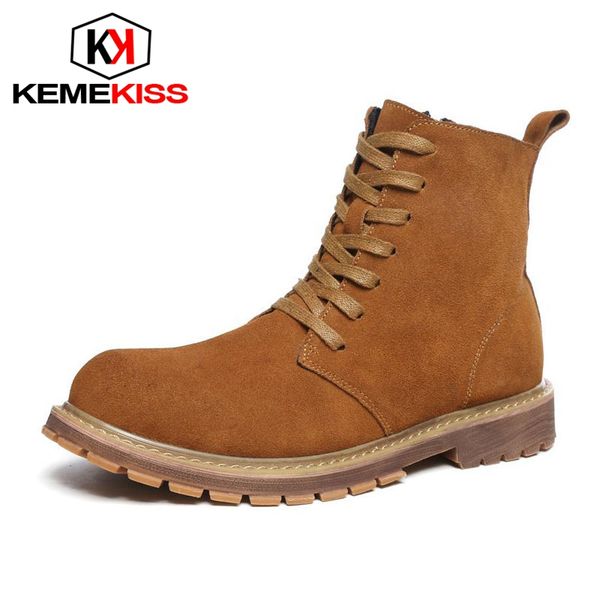 

kemekiss men genuine leather ankle boots lace up warm work shoes men motorcycle punk short boots winter man footwear size 39-44, Black