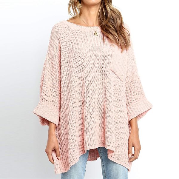 

autumn long sleeve blouse fashion women knisolid pullover long sleeve o-neck pocket sweater blouse womens and blouses, White;black