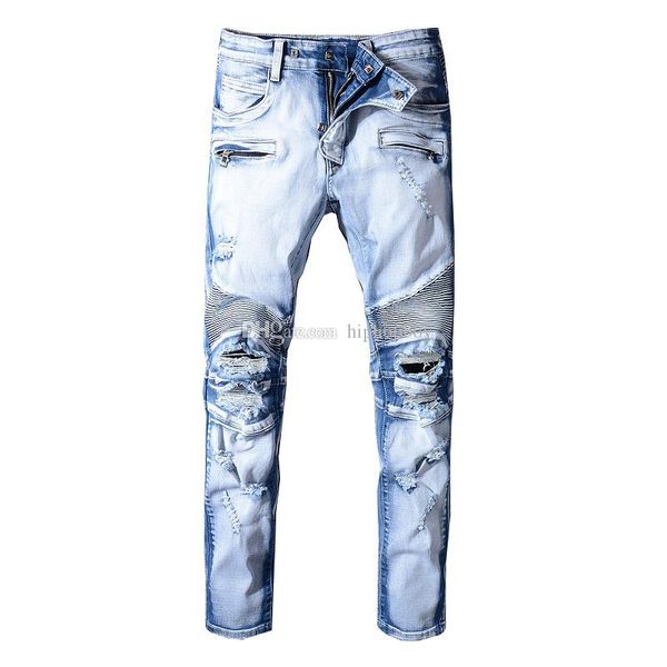 

luxury mens designer jeans brand new distressed ripped biker jeans slim fit motorcycle biker denim jean hip hop mens pants, Blue