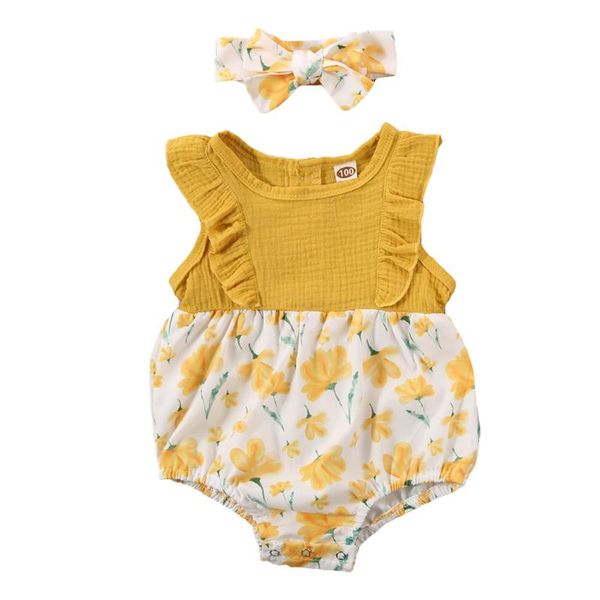 

2020 summer toddler newborn infant kid baby girl jumpsuit bodysuit yellow floral sleeveless ruffle round neck playsuit outfit, Blue