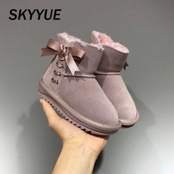 

kids bow snow boots baby girls genuine leather shoes children warm mid calf boots bow slip on shoes brand fashion winter, Black;grey
