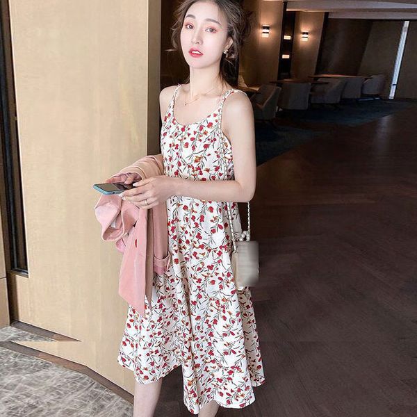 

floral suspender dress women 2020 new summer fashion a-line dress version of the fashionable mid-length slim popular, Black;gray