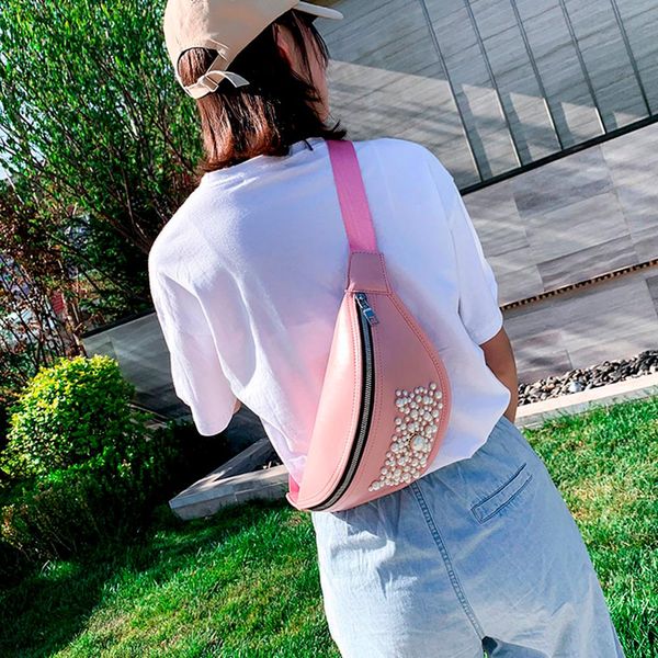 

2019 modis women sports chest bag outdoor solid color pearl zipper messenger bag waist girls leisure shoulder bags