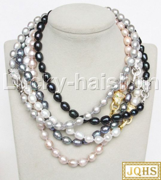 

jqhs 17" 11mm baroque rice white pink black purple potato pearls necklace leopard clasp j13162, Silver