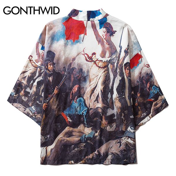 

gonthwid eugene delacroix the liberty leading the people print kimono cardigan jackets shirts streetwear hip hop open front coat, Black;brown