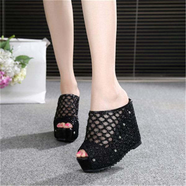 

summer muffin thick-soled fashion sandals and slippers women's super high-heeled word drag anti-skid slope with sandals, Black