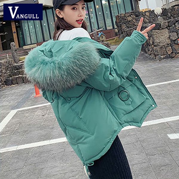

vangull women winter parkas coat long sleeve hooded jackets 2019 new casual big fur collar thick solid zipper winter jackets, Tan;black