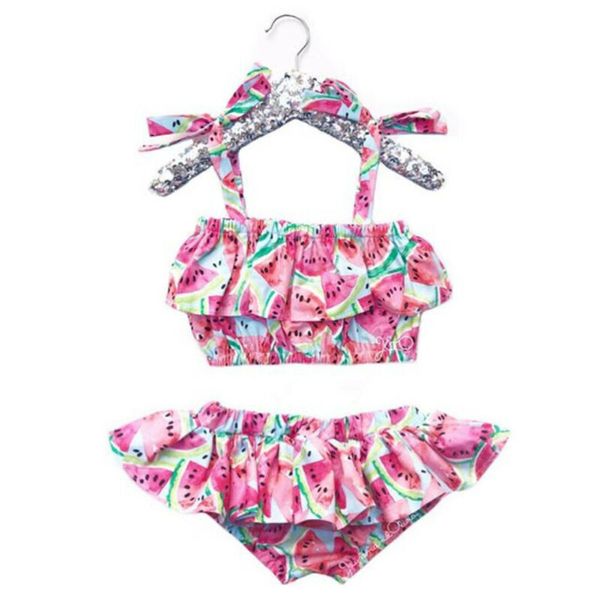 

new girls swimwear bathing suits baby swimsuit summer 2pcs watermelon print strap bikini sets lovely child swimsuit beachwear, White