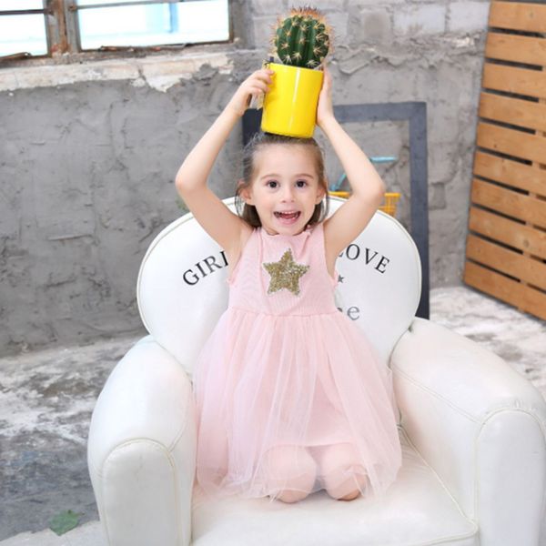 New Fashion Neonate Summer Casual Cute Dress Kids Princess Abito in tulle senza maniche solido con stella glitterata per bambini di 2-7 anni