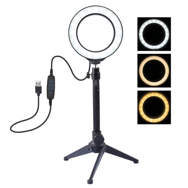 

puluz 4.7 inch 12cm usb 3 modes dimmable led ring vlogging pgraphy video lights + desktripod holder with cold shoe tripo