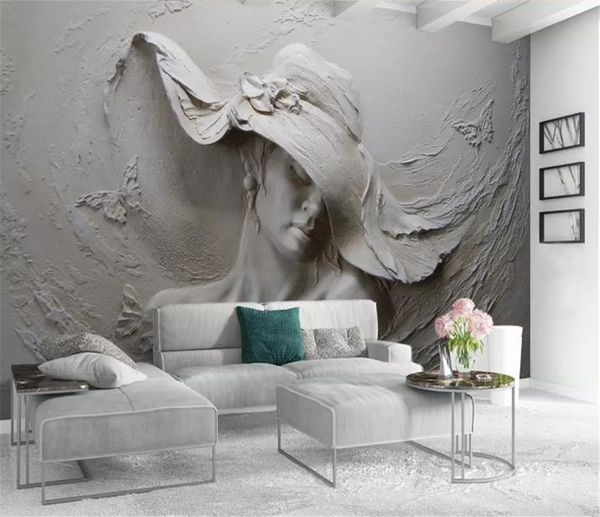 

3d mural wallpape 3d three-dimensional relief wearing hat beauty living room bedroom background wall decoration wallpaper