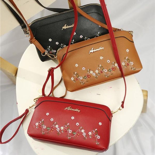 

embroidered flower bag women pu leather zipper comfortable messenger shoulder crossbody handbag ladies birthday present