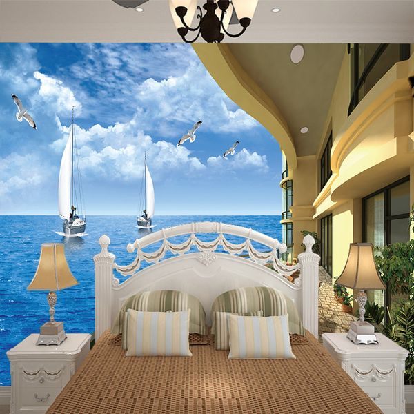 

3d stereo large mural the seaside balcony sea view tv sofa background wall paper wall painting space extended wall cover
