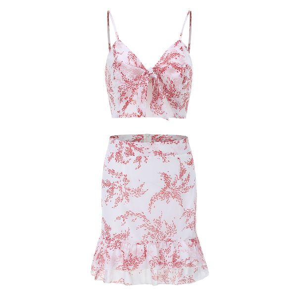 

joineles summer women two pieces sets floral print camis with ruffles skirt sets female casual suits beachwear women's, White