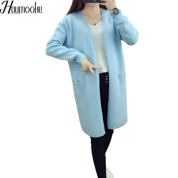 

hmk 2019 new solid colour women's sweater ladies pockets knitted cardigans sweaters women casual loose long sweater coats, White