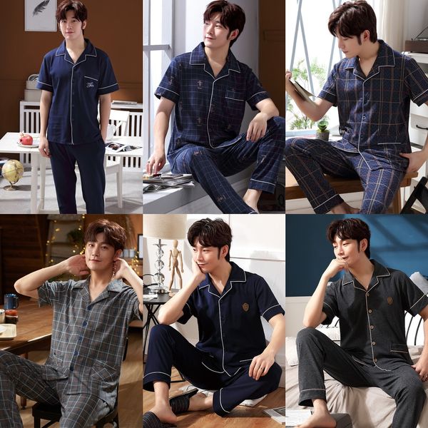 

b6x9c men's pajamas suit casual cardigan lapel short-sleeved trousers cotton and shorts pajamas shorts plus size youth cotton home wear, Blue;red