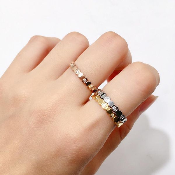 

titanium steel simple honeycomb design finger ring hexagon stackable ring micro cubic zirconia stones fashion jewelry, Slivery;golden
